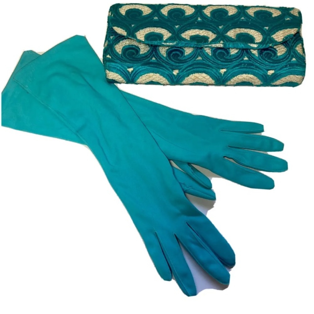 Vintage Elbow Length Aqua Gloves And Clutch  Purse